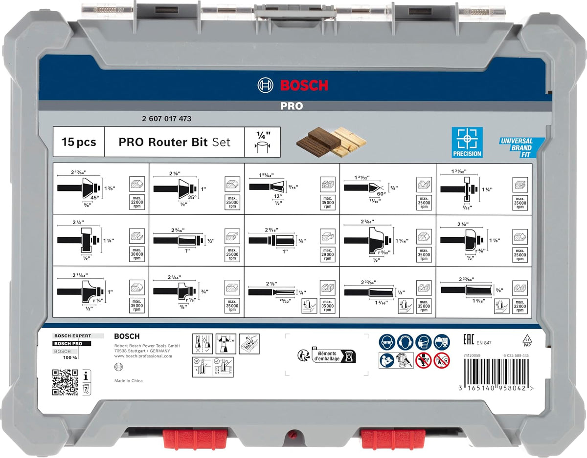 Bosch Juego de fresas mixto Standard vástago de 1/4" de 15 pzs | Para madera resinosa, madera dura, profesional accesorio de trituradoras de inmersión, fresa de araser