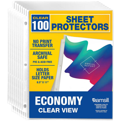 Samsill 100 protectores de hojas transparentes de peso estándar, protectores de páginas de plástico reforzado con diseño de 3 orificios, caja fuerte para archivos, carga superior para hojas de 8,5 x