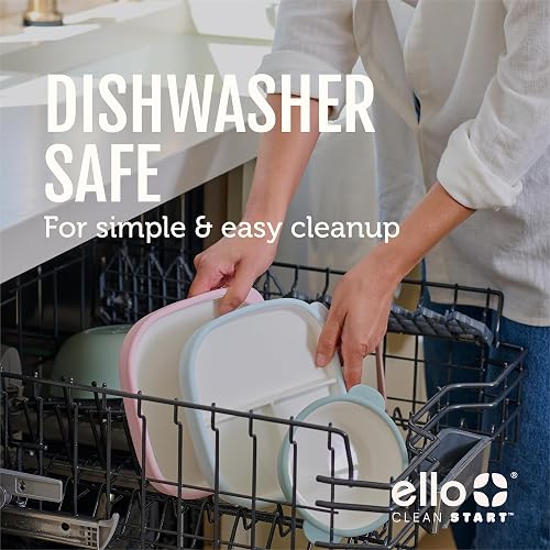 Ello Clean Start - Juego de 2 platos de cerámica sin BPA con funda de silicona para bebés y niños pequeños, apto para microondas y lavaplatos, sin plástico, apto para sillas altas, color azul
