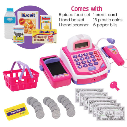 Prextex - Juguete Electrónico Pretend Play, Caja Registradora, Juguete Con Micrófono, Altavoz Y Dinero Ficticio Incluidos Para Niños