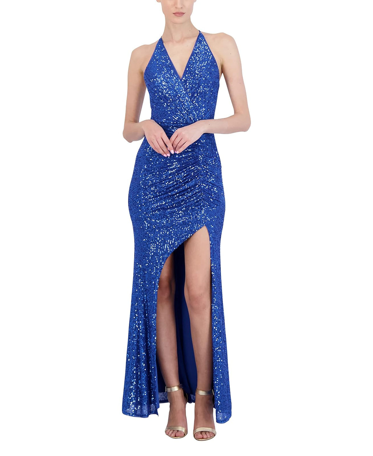 BCBGMAXAZRIA Vestido de Noche Largo sin Mangas y Acampanado, Cuello Halter, Espalda Abierta, Abertura Frontal, Vestido Vestido para Mujer