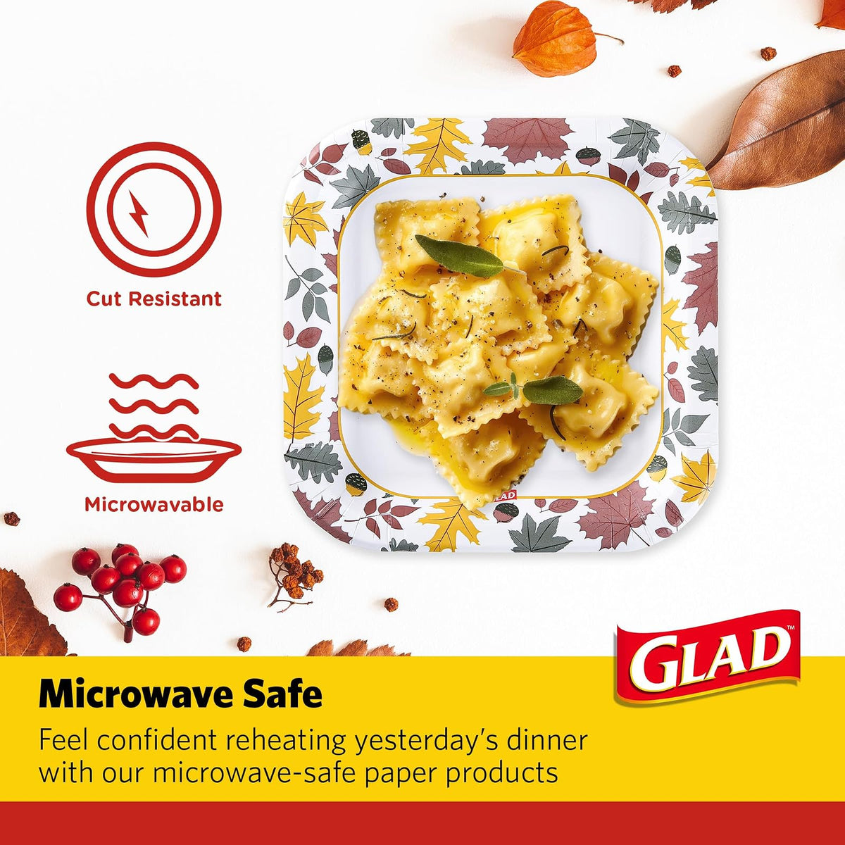 Glad Platos de Papel Desechables Cuadrados, Patrón de Follaje Otoñal - Fuertes, Resistentes, Impermeables y Aptos para Microondas, Platos Decorativos para Cena y Uso Diario, 10 Pulgadas, 20 Unidades