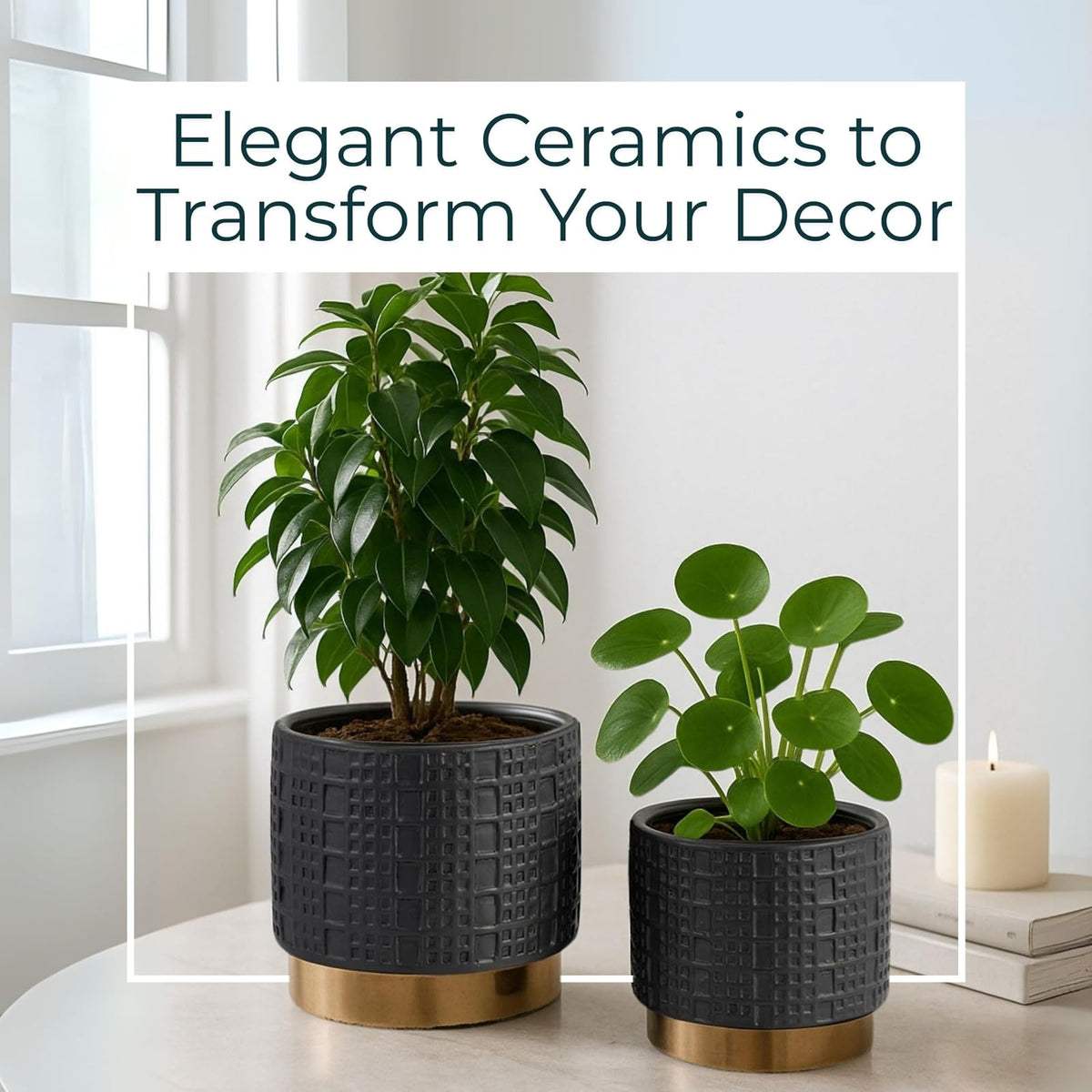 Sagebrook Home Macetas de cerámica y gres con Detalles Dorados Modernas y Decorativas para Plantas suculentas Flores y Hierbas Elegante decoración del hogar y la Oficina; Juego de 2 Color Negro