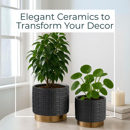 Sagebrook Home Macetas de cerámica y gres con Detalles Dorados Modernas y Decorativas para Plantas suculentas Flores y Hierbas Elegante decoración del hogar y la Oficina; Juego de 2 Color Negro