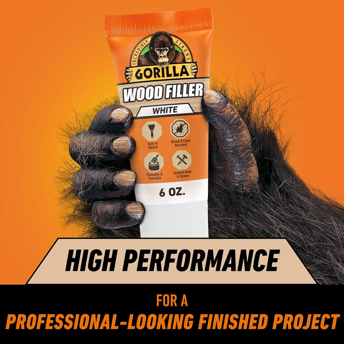 Gorilla - Relleno de madera multiusos, relleno de madera blanca, tubo de 6 onzas (paquete de 1) - Resistente al agua para proyectos y reparaciones en interiores o exteriores