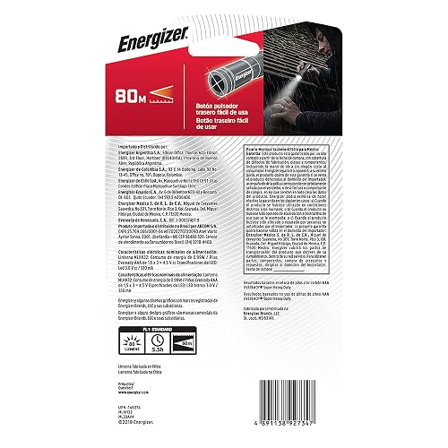 Energizer - Linterna LED Compacta, 80 Lúmenes, Cuerpo Metálico | Incluye cordón para colgar, Funciona con 3 pilas AAA, Ideal para camping, emergencias y uso cotidiano