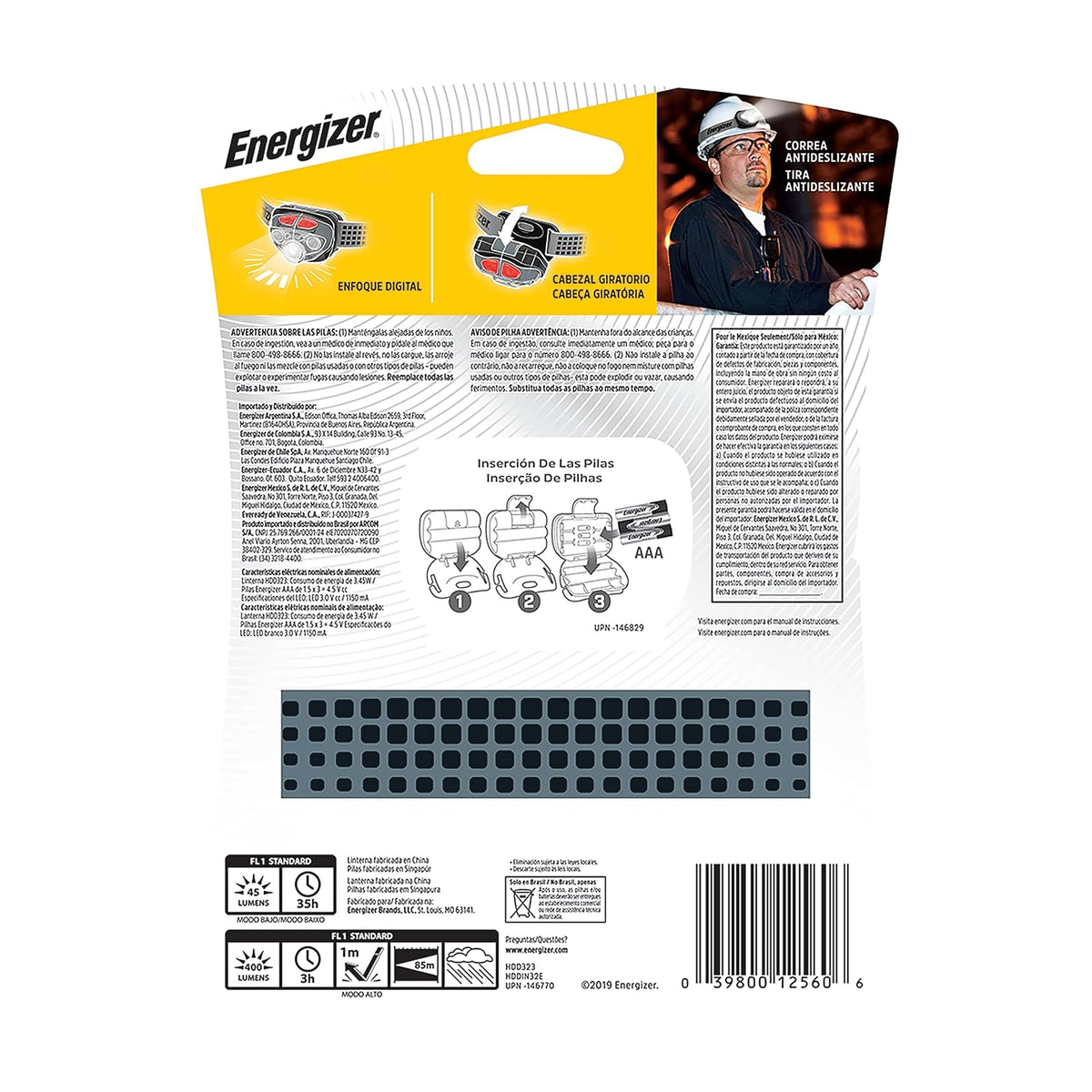 Energizer - Linterna de Cabeza LED Industrial 400 Lúmenes, Alcance de 85 m | Resistencia al agua IPX4, 5 modos de iluminación e incluye 3 pilas AAA.