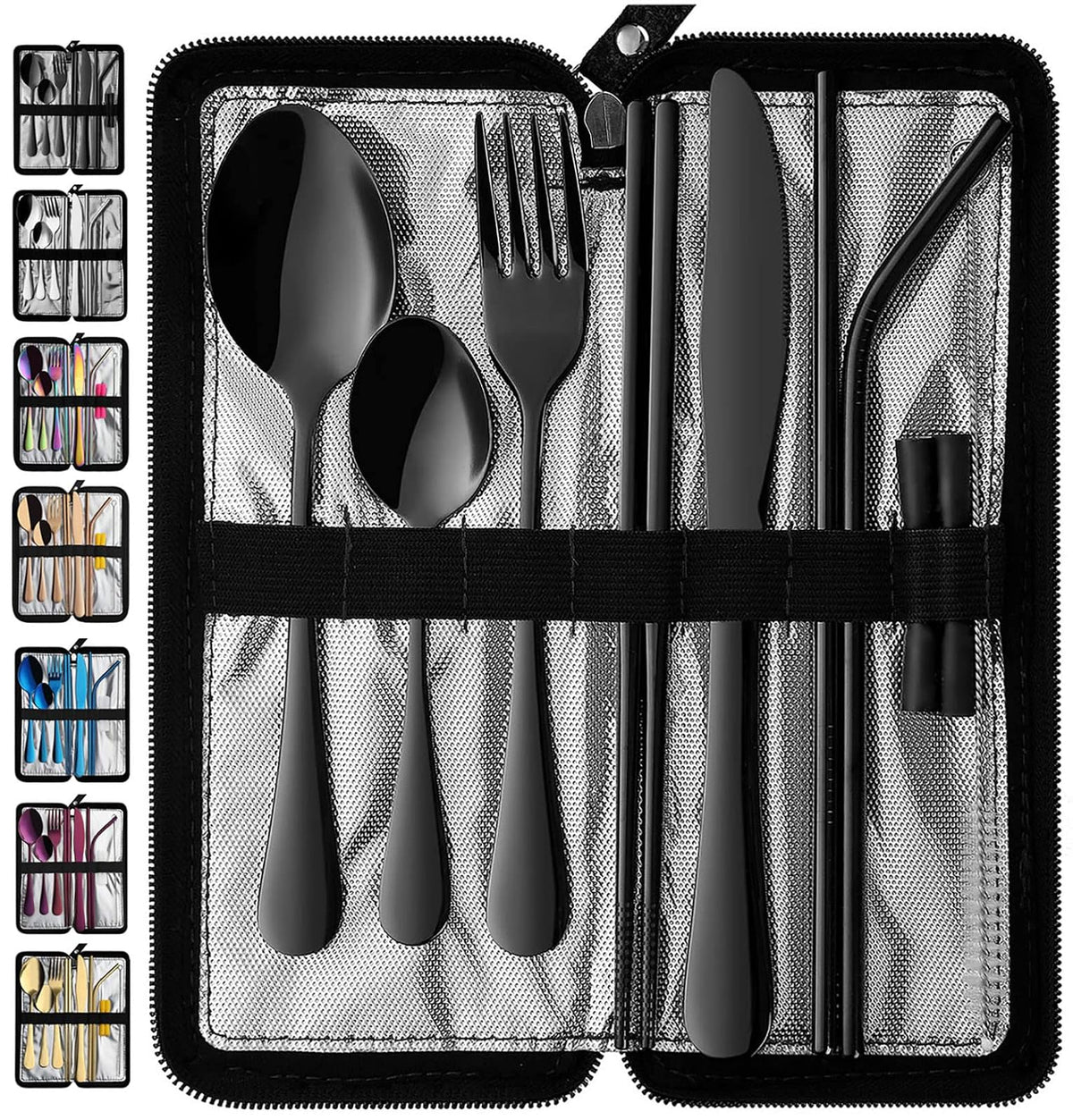 Utensilios De Viaje Portátil, Cubiertos Reutilizables Con Funda Para Fijar La Vajilla, 9 Piezas De Acero Inoxidable Estable Juego De Cubiertos Para Camping Picnic (Conjunto negro)