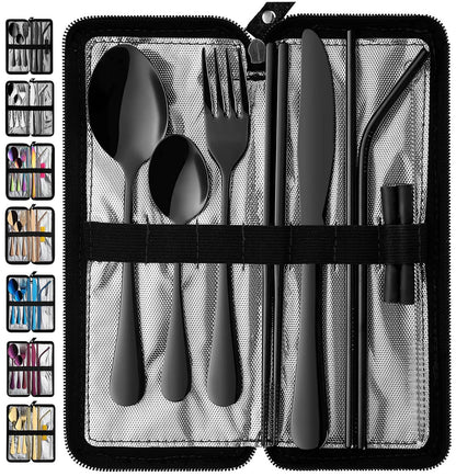 Utensilios De Viaje Portátil, Cubiertos Reutilizables Con Funda Para Fijar La Vajilla, 9 Piezas De Acero Inoxidable Estable Juego De Cubiertos Para Camping Picnic (Conjunto negro)