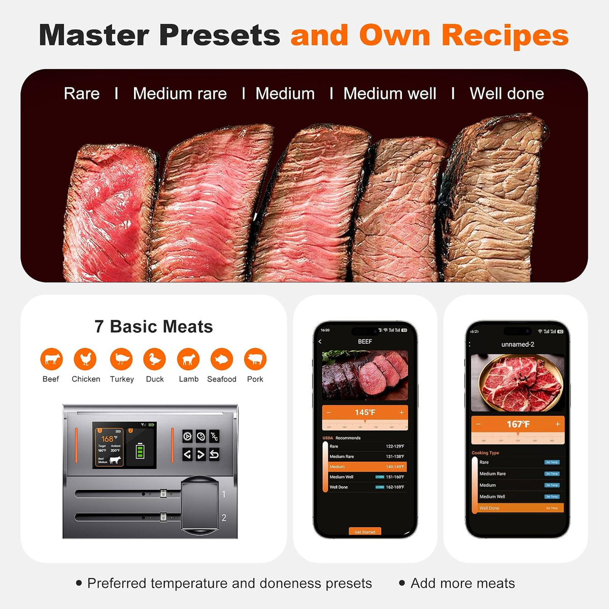NIGOGOR - Termómetro de carne de doble sonda, base magnética digital inteligente, termómetro inalámbrico Bluetooth, seguimiento remoto y lecturas en tiempo real, iOS y Android, para parrilla, barbacoa