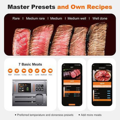 NIGOGOR - Termómetro de carne de doble sonda, base magnética digital inteligente, termómetro inalámbrico Bluetooth, seguimiento remoto y lecturas en tiempo real, iOS y Android, para parrilla, barbacoa