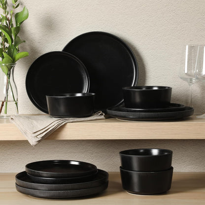 Gibson Home Dempsey Road - Juego de vajilla de gres de 12 piezas, servicio para 4, platos y cuencos negros redondos, duradero y de color sólido, moderno juego de platos en relieve, apto para