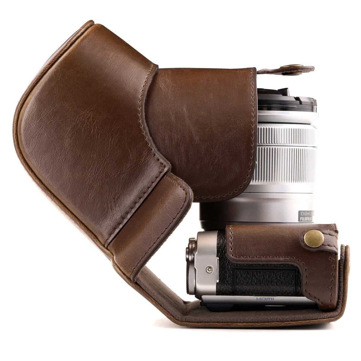 MegaGear MG1002 Estuche Ever Ready, Funda de cuero, de pronto uso, con correa compatible con Fujifilm X-A10 - Marron Oscuro