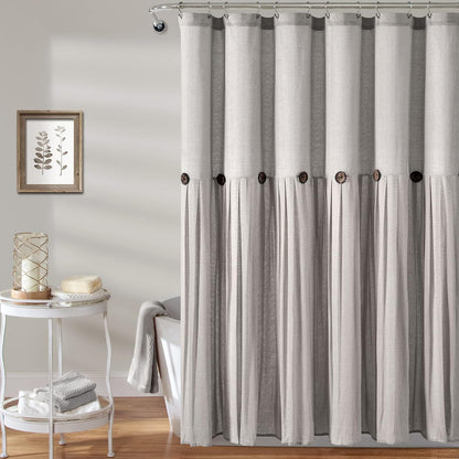 Lush Decor - Cortina de Ducha de Lino con Botones, 72 Pulgadas de Ancho x 72 Pulgadas de Largo, Gris - Tela de Cortina de Ducha Gris - Cortina de baño - Decoración de baño de Granja - 182.9An x 182.9Al cm (1 Paneles) - Gris