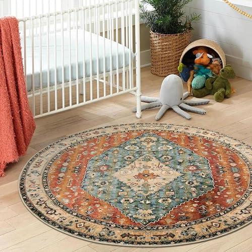 Lahome - Alfombras Redondas Tribales Bohemias de 5 pies, Alfombra Redonda de Cocina, Antideslizante, para recámara, Sala de Estar, Circular, Oriental, de Pelo bajo, para Comedor, baño, Color Verde