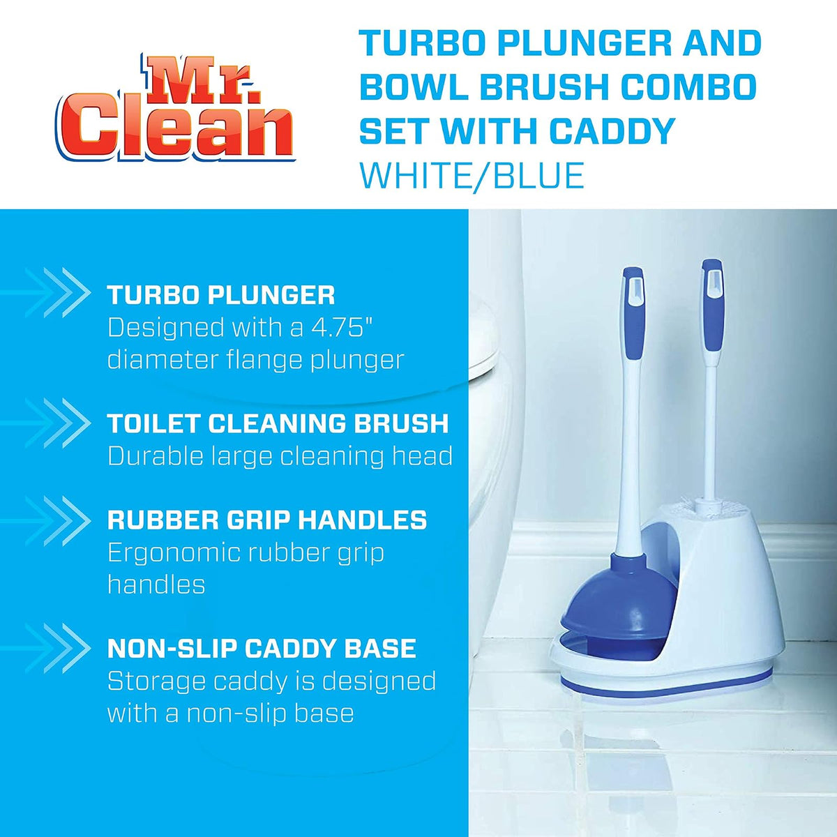 2pk Mr. Clean 440436 Combo, émbolo Blanco/Azul y Cepillo para tazón, Inodoro, desatascador Turbo y Cepillo