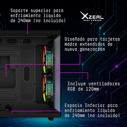 XZEAL Gabinete Gamer Cubo, Ventana Cristal, 2X Vent Frontales, 1x Vent Trasero 120mm, Negro Vidrio Templado Color Claro RGB Dispositivos compatibles ‎Motherboard, CPU