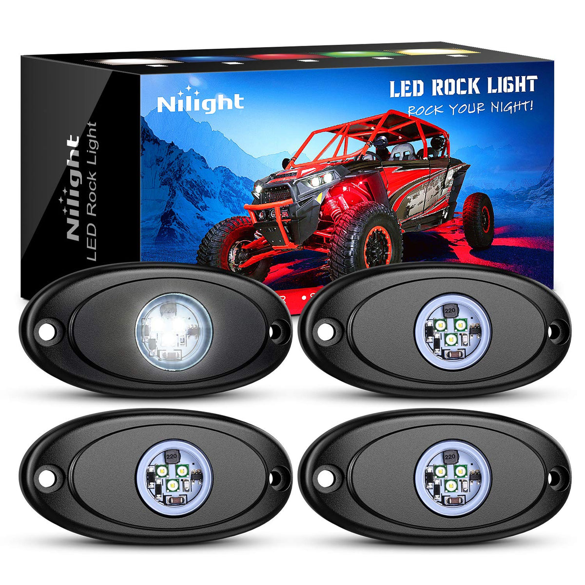 Nilight - Juego de 4 Luces LED de Roca para Ruedas subidas, Impermeables, para Exteriores, bajo la carrocería, Luces Laterales para Automóvil, camión, camionetas, ATV, UTV, SUV, Motocicleta, Barco, Color - Blanco