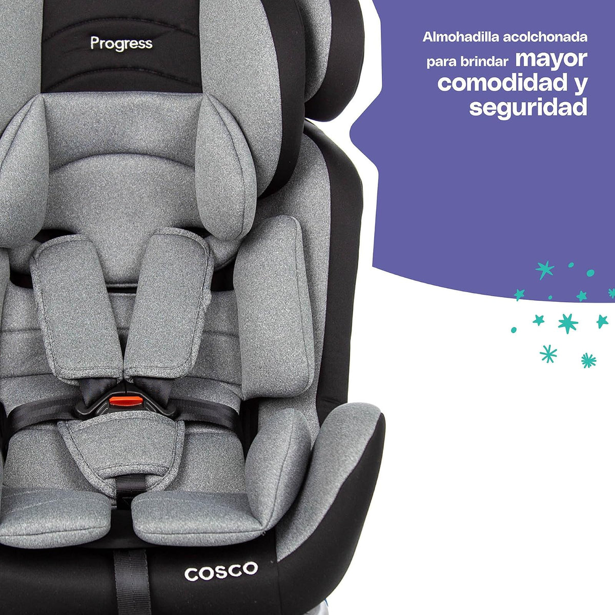 Cosco Autoasiento Progress con arnés de 5 puntos, protectores de hombro y entrepierna. Protección contra impacto lateral. Para orientación en contra y a favor de la marcha, ajustable en 9 posiciones y 2 de reclinación
