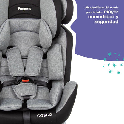 Cosco Autoasiento Progress con arnés de 5 puntos, protectores de hombro y entrepierna. Protección contra impacto lateral. Para orientación en contra y a favor de la marcha, ajustable en 9 posiciones y 2 de reclinación