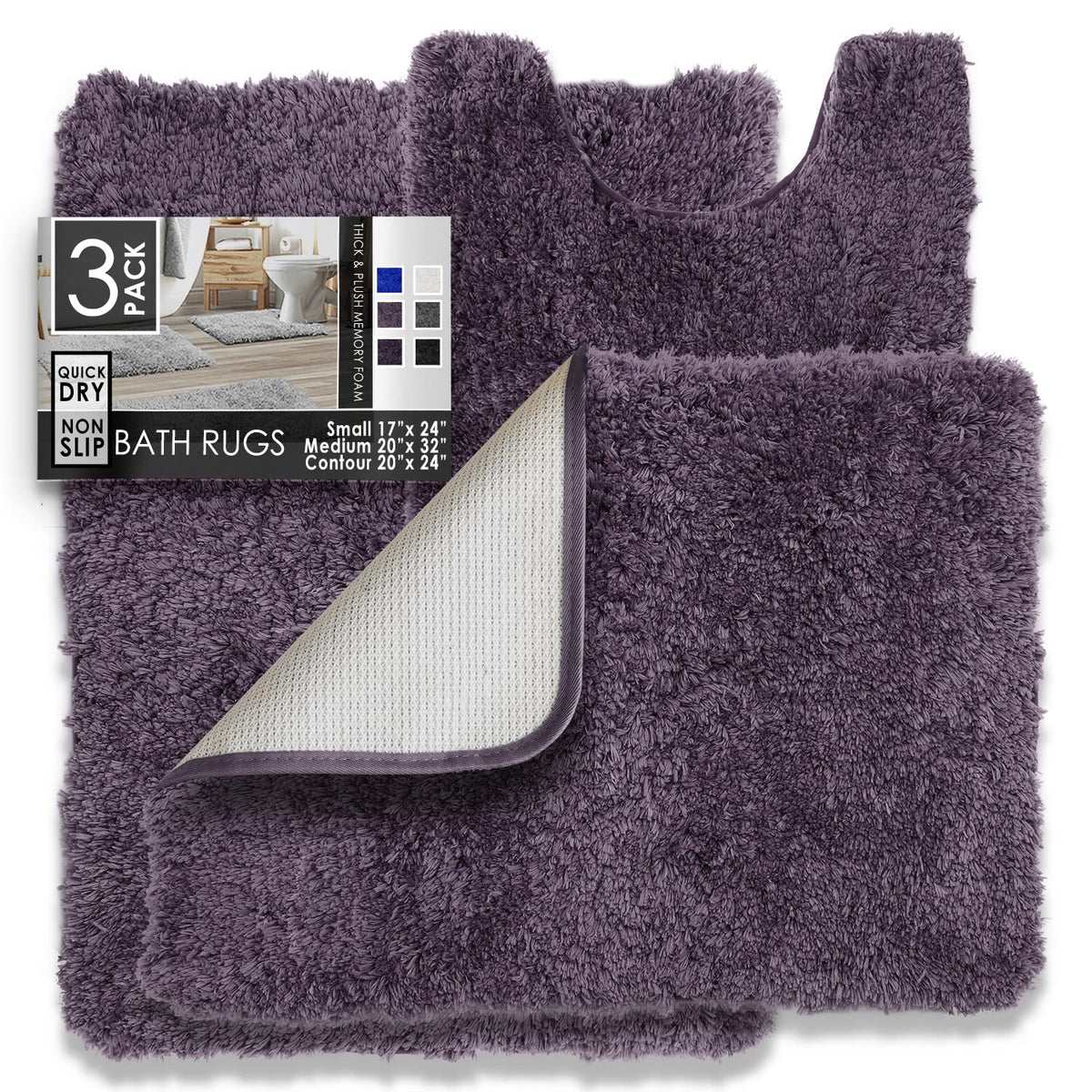 Clara Clark - Alfombra de baño de Pelo Largo con Base Antideslizante de Goma Supersuave, Berenjena, Set de 3 Piezas, 1 - Berenjena - Set de 3 piezas