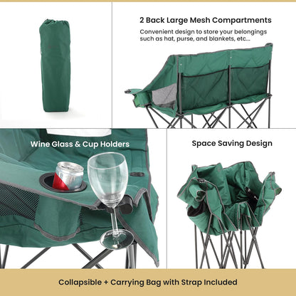 Arrowhead Outdoor - Sofá de Cama Doble Plegable portátil con 2 Tazas y Soporte para Copas de Vino, Bolsa de Transporte Resistente, Asientos Acolchados y apoyabrazos, soporta hasta 500 Libras, Soporte