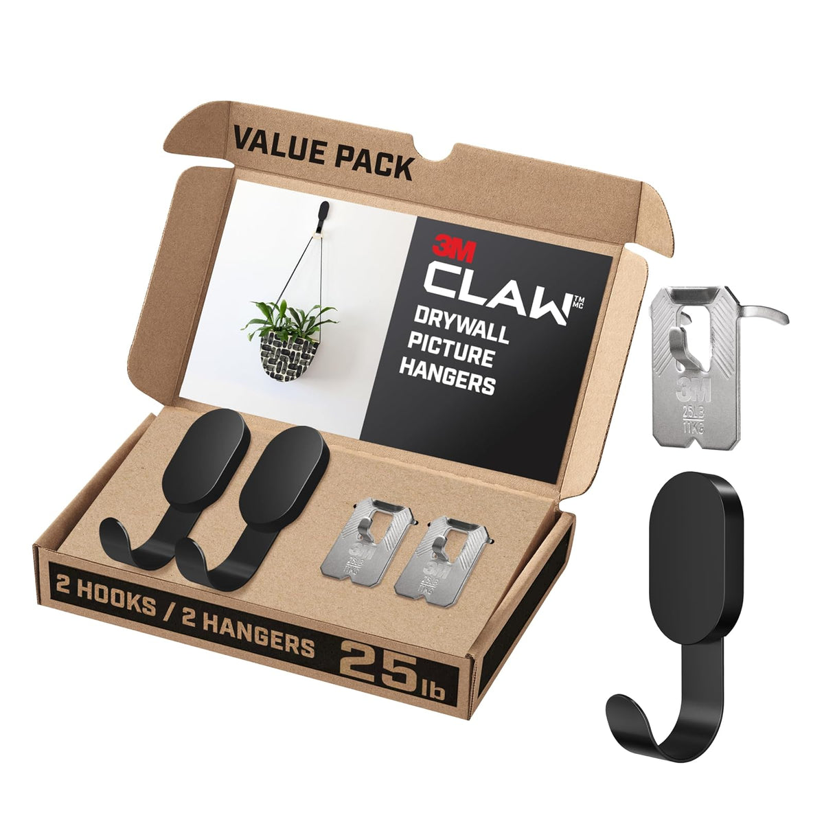3M CLAW 25 libras. 2 ganchos negros para paneles de yeso y 2 perchas de fotos adicionales, solución pesada para colgar mochilas, chaquetas, fotos y decoración de habitaciones, bonitos ganchos de - 25 lb. - Negro -