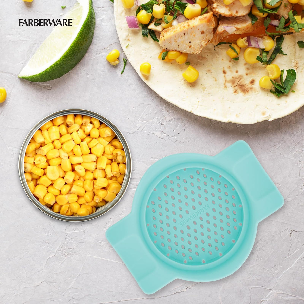 Farberware Colador de latas, para colar rápida y fácil pasta, frutas, verduras, jugos, atún y más, se adapta a la mayoría de latas estándar, apto para lavaplatos, Aqua Sky