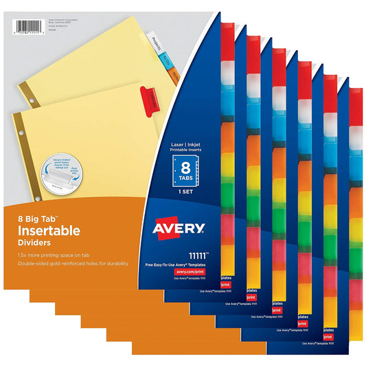Avery - Separadores insertables con pestañas grandes, 8 pestañas, Multicolor, Paquete 6