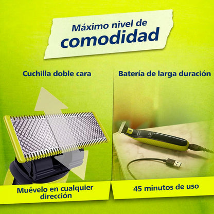 Philips OneBlade Afeitadora y Recortadora Eléctrica de Barba para Hombre | Recorta, perfila y afeita | Corta el vello, no tu piel | Uso seco y húmedo | Incluye peine ajustable 5 en 1 | QP2724/20