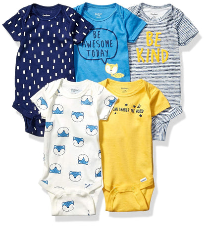 Gerber Paquete de 5 Mamelucos de Manga Corta para Bebé, Diseños Variados - Recién Nacido - Azul