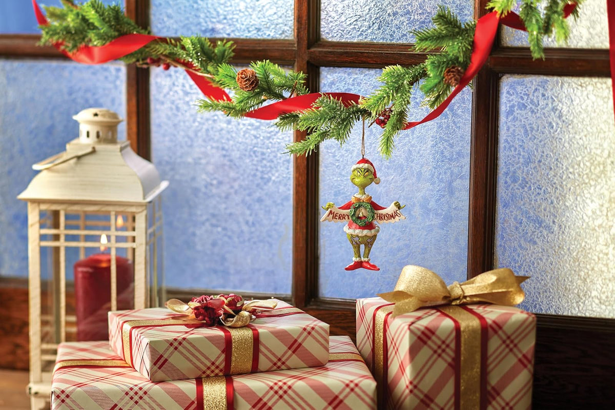 Enesco Dr. Seuss Grinch by Jim Shore Santa Grinch Holding Merry Christmas Banner Colgante Ornamento Colgante, Hecho a Mano, Pintado a Mano, Adornos coleccionables para árbol de Navidad, Regalo de