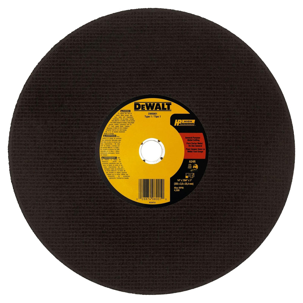 DEWALT DW8001 Z Disco Abrasivo de Corte 14 x 1 pulgada