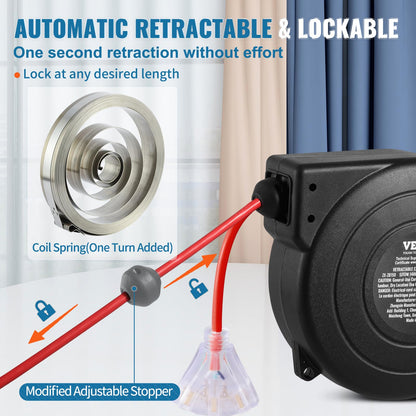 VEVOR Carrete de Cable de Extensión Retráctil, 15 m, Resistente, 14 AWG/3C SJTOW, con Toma de Corriente Triple Iluminada, Disyuntor de 13 A, Soporte Giratorio de 180° para Montaje en Techo o Pared