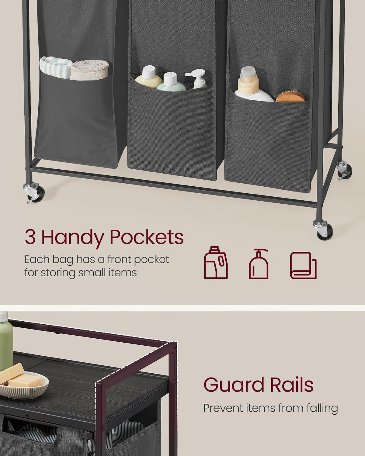 VASAGLE Clasificador de ropa de 43.5 galones UBLH031G01 - Cesta de lavandería con 3 compartimentos, carrito con ruedas, estante, bolsas extraíbles, bolsillos, gris pizarrón y gris carbón