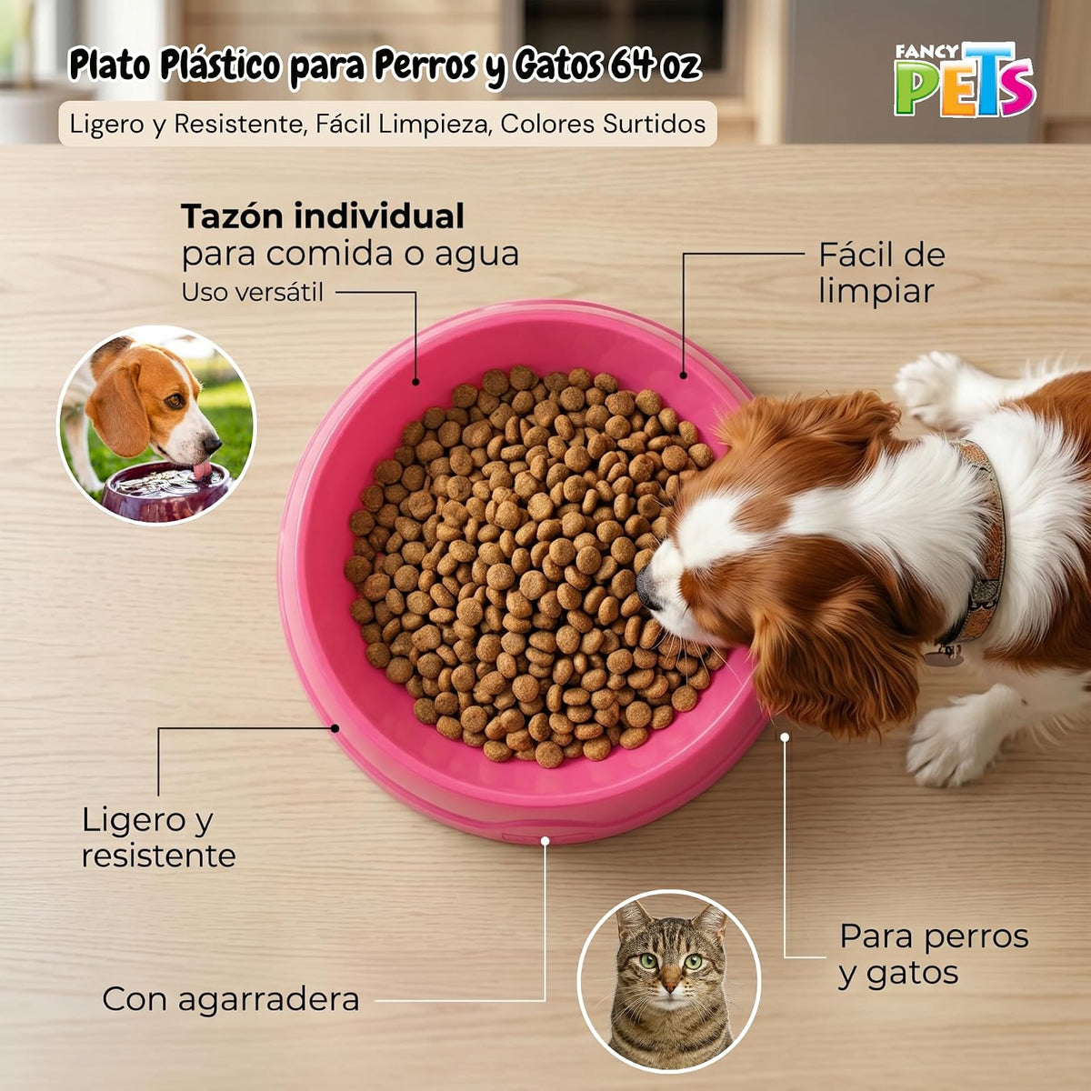 Fancy Pets Plato Plástico para Perros 24 Oz, Ligero y Resistente, Fácil de Limpiar, con Agarradera, Colores Surtidos