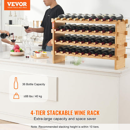 VEVOR Botellero Apilable de Vino 36 Botellas Estante de Almacenamiento de Bambú 850x250x525 mm Botellero Independiente de 4 Niveles Estantes sin Sacudidas para Cocina, Bar, Bodega, Color Natural