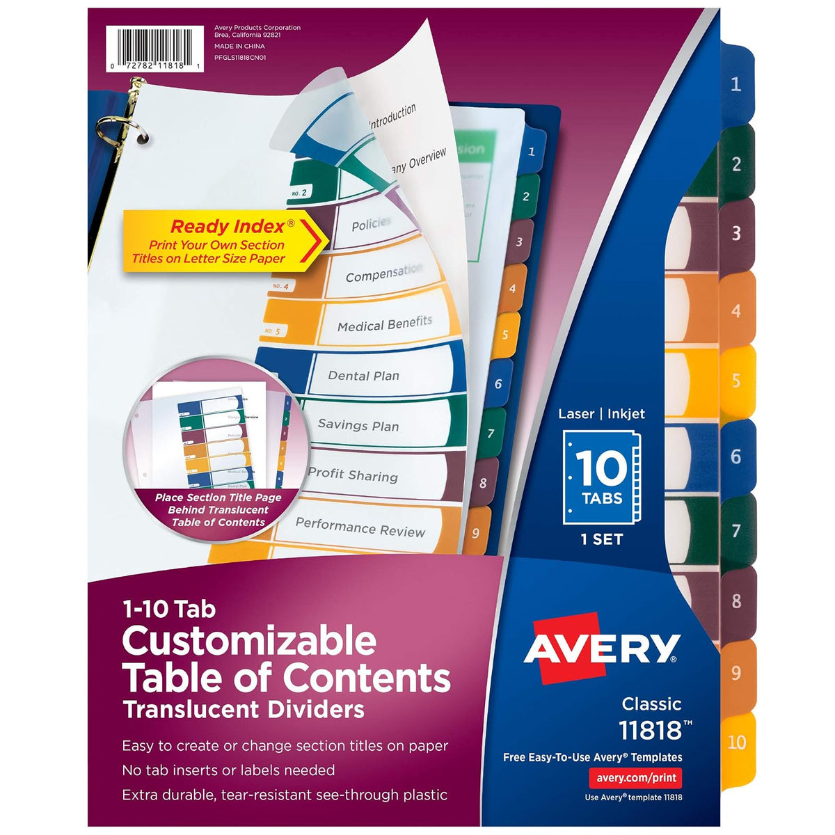 Avery 11818 - Divisores de plástico con 10 pestañas, tabla de contenido personalizable, pestañas multicolores, 1 juego