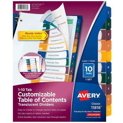 Avery 11818 - Divisores de plástico con 10 pestañas, tabla de contenido personalizable, pestañas multicolores, 1 juego