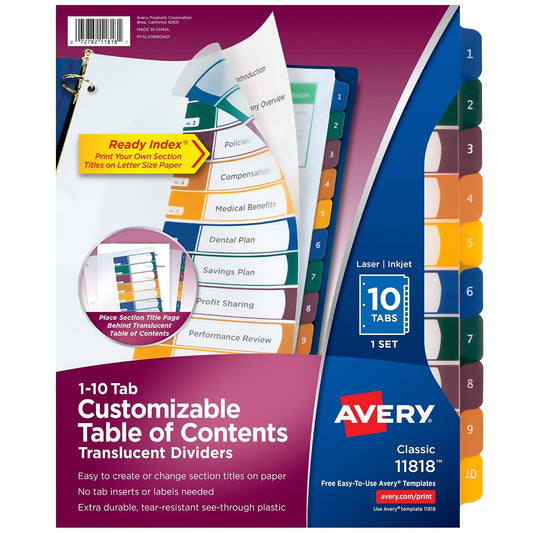 Avery 11818 - Divisores de plástico con 10 pestañas, tabla de contenido personalizable, pestañas multicolores, 1 juego
