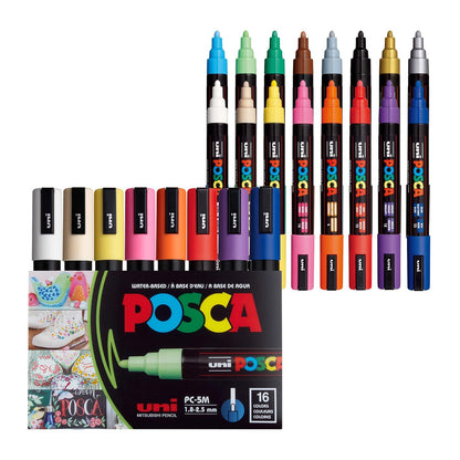 Posca Plumones PC-5M Puntas Medias Juego De 16 Piezas | Basicos, 1.8-2.5 mm, Multi Superficies, Tinta No Toxica