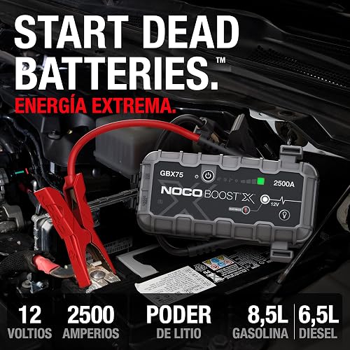 NOCO Boost X GBX75: Arrancador de batería de Auto 2500A – Booster de Litio portátil 12V, Power Bank y Cables para Pasar Corriente – para Motores de Gasolina hasta 8.5L y diésel hasta 6.5L