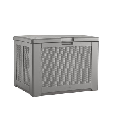 Rubbermaid - Caja de almacenamiento de resina mediana para exteriores (74 galones), resistente a la intemperie, color gris para el hogar, patio trasero, productos químicos de piscina, juguetes