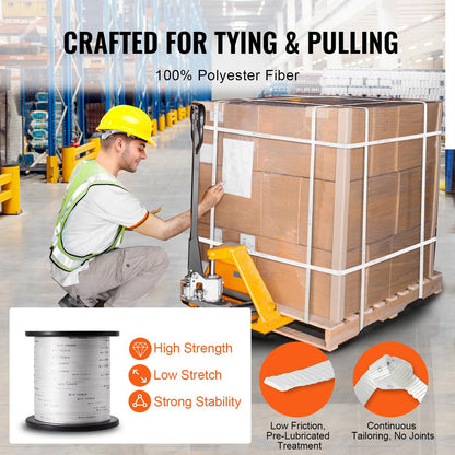 VEVOR Cinta de tracción de poliéster 1/2" x 1053', Cuerda Plana Tipo Mule, 1250 lbf, Cinta de tracción de Cable Impresa para Embalaje, instalaciones eléctricas comerciales y conductos, Blanca