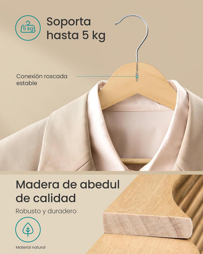 SONGMICS Perchas de Madera, Juego de 30, Delgada, Muescas en Hombros, para Pantalones, Gancho Giratorio 360°, Ahorra Espacio, Beige Natural MCRW030K01