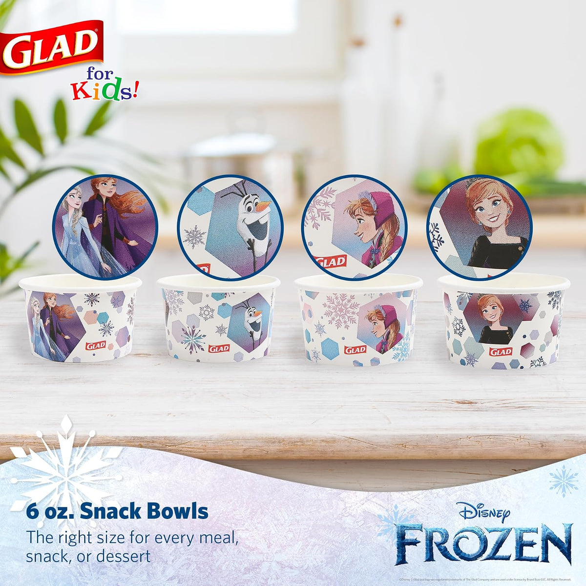 Glad para Niños Disney Frozen Cuencos de Papel 6oz, 32 Unidades | Tazas de Anna y Elsa para Meriendas | Uso Diario Infantil