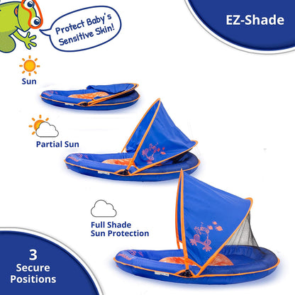 SwimSchool Deluxe Baby Float with Adjustable Canopy - 6-24 Months - Baby Swim Float with Splash & Play Activity Center and Perfect-Fit Safety Seat - Blue/Orange