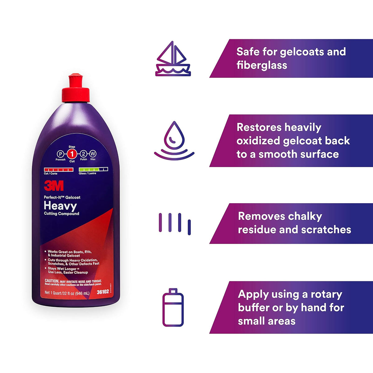 3M Perfect-It Compuesto de Corte Pesado para Gelcoat Blanco 946 ml, 36102 | Removedor de oxidación marina de corte rápido para superficies de gelcoat de barco y RV