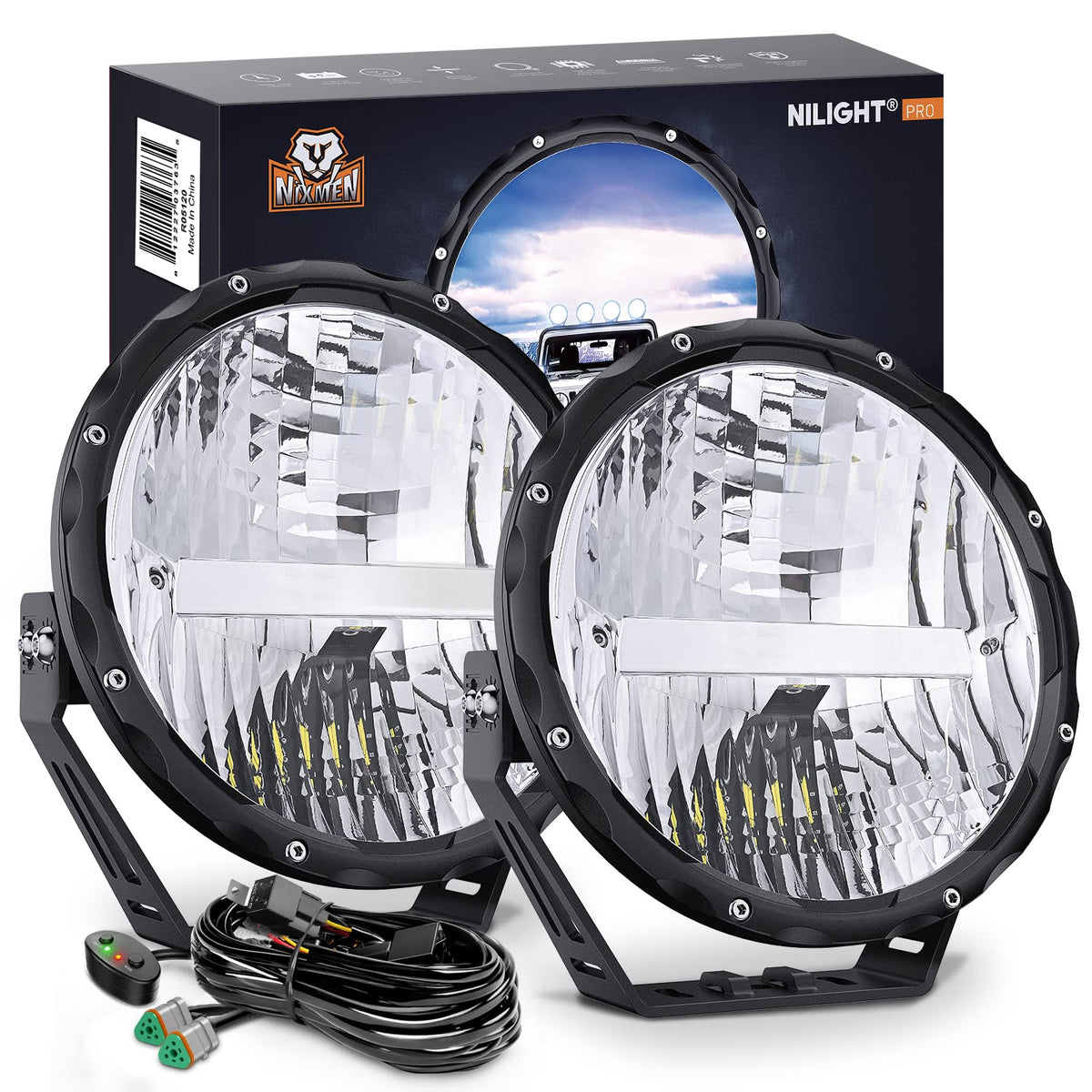 Nilight 9 Inch Round Offroad Light 2 PCS 120W High Low Beam IP68 LED Driving Lights Pods Built-in EMC with 14AWG DT Connector Wiring Harness Kit for Truck ATV UTV SUV - 2Pcs 9Inch Lights +Wiring harness