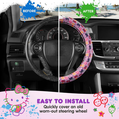 Carbella Hello Kitty - Funda Oficial para Volante de Automóvil Sanrio con tamaño Universal 14.5-15.5, Bonita Funda para Volante para Mujer, Accesorios de Automóvil Hello Kitty (impresión de Lavanda)